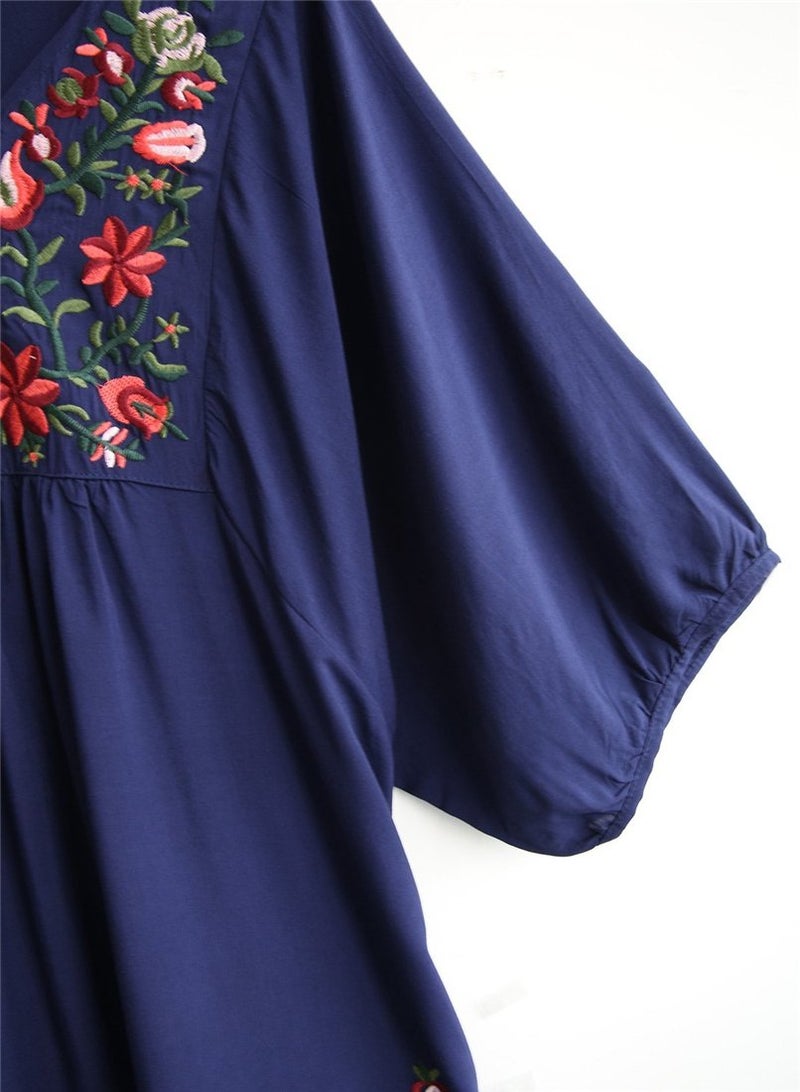 Kafeimali Women's Summer Mini Dress Bohemian Embroidery Tunic Shift Blouse (Navy Blue) - Image 3